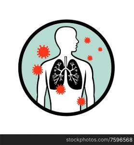 Retro style illustration of coronavirus cell infecting the human lungs or respiratory system set inside circle shape on isolated white background.. Coronavirus Infecting Human Lung Circle Retro