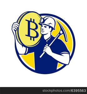 Retro style illustration of Crytocurrency miner with pick ax carrying a bitcoin on shoulder set inside circle on isolated background.. Cryptocurrency Miner Bitcoin Circle Retro