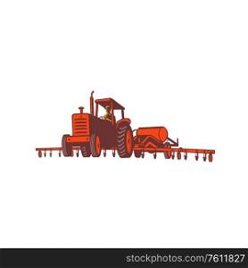 Retro style illustration of farm tractor pulling an anhydrous ammonia or nitrogen tank and fertilizer applicator applying the anhydrous to a field on isolated background.. Farm Tractor Pulling Nitrogen Tank Retro