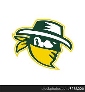 Retro style illustration of green bandit mascot, outlaw, robber, marauding gang member viewed from side on isolated background.. Green Bandit Mascot