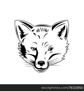 Retro style illustration of head of a red fox, largest of the true foxes and the most widely distributed members of the order Carnivora, viewed from front on isolated background in black and white.. Red Fox Head Viewed from Front Retro Black and White Style