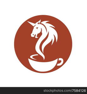 Retro style illustration of head of a unicorn coming out as a smoke from a hot coffee cup set inside circle on isolated background.. Unicorn Head Coffee Smoke Cup Retro