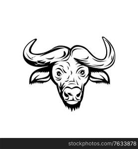 Retro style illustration of head of an African buffalo or Cape buffalo, a large sub-Saharan African bovine viewed from front on isolated background done in black and white.. Head of an African Buffalo or Cape Buffalo Front View Retro Black and White
