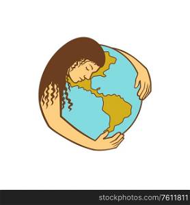 Retro style illustration of Mother Earth or Gaia, a goddess who inhabits the planet, offering life and nourishment, hugging the world or globe on isolated background.. Mother Earth Hugging World Globe Retro