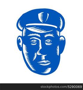 Retro style illustration of Police Officer policeman cop Head viewed from front on isolated background.. Police Officer Head Woodcut