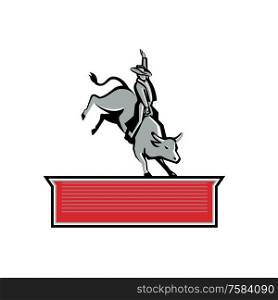 Retro style illustration of rodeo cowboy bull rider riding a bull with text banner at bottom on isolated background.. Rodeo Cowboy Bull Rider Text Banner Retro