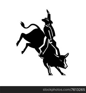 Retro style illustration of rodeo cowboy bull rider riding a red bull on isolated background.. Red Rodeo Cowboy Bull Rider Retro