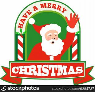 Retro style illustration of santa claus saint nicholas father christmas waving front set inside arch with words have a merry christmas on isolated white background.