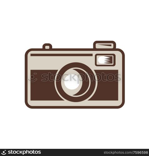 Retro style illustration of vintage 35mm film camera viewed from front on isolated background.. Vintage 35mm Film Camera Retro