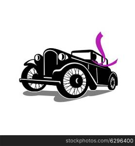 Retro style illustration of Vintage Coupe car automobile with driver wearing Flowing Scarf Retro viewed at a low angle on isolated background.. Vintage Coupe With Flowing Scarf Retro