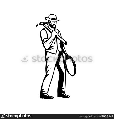 Retro style illustration of vintage miner or prospector with pickax and rope viewed from front on isolated background done in black and white style.. Vintage Gold Miner or Prospector with Pickax and Rope Prospecting Retro Black and White