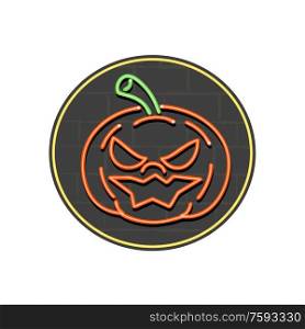 Retro style illustration showing a 1990s neon sign light signage lighting of Halloween jack-o-lantern pumpkin grinning, laughing on black brick wall set inside circle on isolated background.. Jack-O-Lantern Neon Sign Circle
