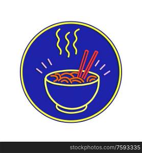 Retro style illustration showing a 1990s neon sign light signage lighting of a hot noodle bowl with chopsticks set in circle on blue background.. Hot Noodle Bowl Neon Sign