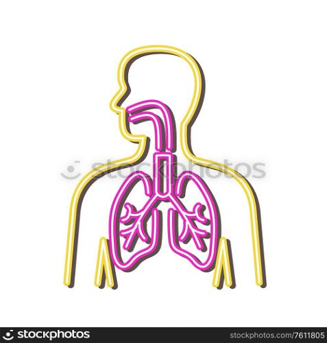 Retro style illustration showing a 1990s neon sign light signage lighting of a human respiratory system on isolated background.. Human Respiratory System Neon Retro