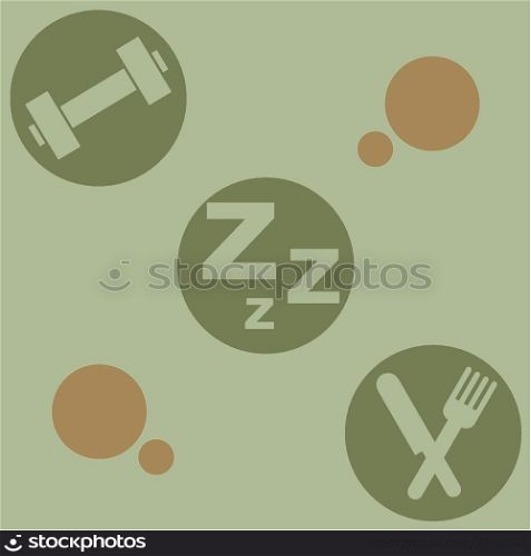Retro style illustration showing the ingredients needed for a healthy life: exercise, sleep and good nutrition
