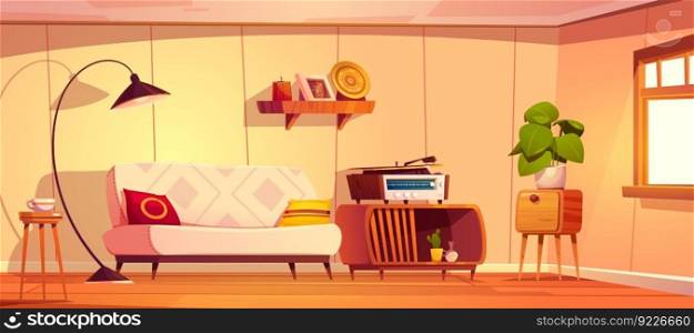 Retro style living room interior design. Vector cartoon illustration of light 80s apartment furnished with vintage couch, color cushions, floor lamp, old vinyl record player on wooden table. Cozy home. Retro style living room interior design