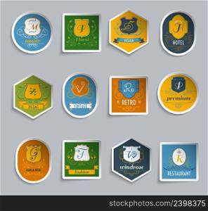 Retro style monogram shields premium stickers set isolated vector illustration . Monogram shields stickers set