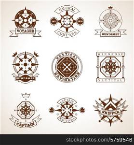 Retro style nautical skipper compass label set with isolated vector illustration. Compass Label Set