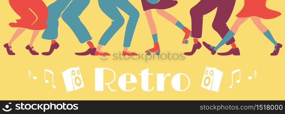 Retro style party banner flat vector template. 1950s disco horizontal poster word concepts design. Cartoon illustrations with typography and rock n roll dancers legs on vintage yellow background
