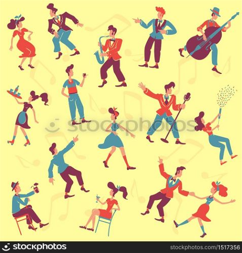 Retro style party flat vector seamless pattern. Jazz musicians, jive and rock n roll dancers background. Old fashioned 1940s texture with cartoon color characters. Wrapping paper, wallpaper design