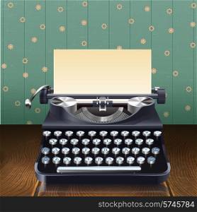 Retro style realistic typewriter with paper sheet on wooden desk with wallpaper background vector illustration
