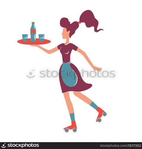 Retro style roller waitress serving flat color vector faceless character. Female old fashioned restaurant waiter on rollerskate holding tray with alcohol drinks isolated cartoon illustration