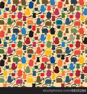 Retro style seamless pattern with coffee and tea kettles and boilers