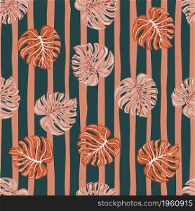 Retro style tropical seamless pattern with monstera leaves on stripe background. Vintage botanical foliage plants wallpaper. Exotic hawaiian backdrop. Design for fabric, textile print, wrapping, cover. Retro style tropical seamless pattern with monstera leaves on stripe background.