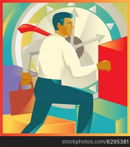 Retro style vector illustration of a businessman office worker carrying briefcase running up stairs with clock in the background.. Businessman Officer Worker Clock Retro