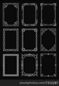 Retro style vintage frames set with ornamental graphic decorative elements vector illustration collection of frames silver color isolated on black. Retro Style Vintage Frames Set Ornamental Graphic