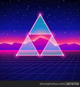 Retro styled futuristic landscape with triforce and shiny grid