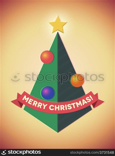 Retro styled geometric christmas tree with ribbon and baubles