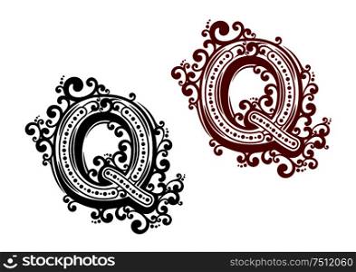 Retro stylized capital letter Q in black and red colors with floral elements for invitation or monogram design. Capital letter Q with decorative elements