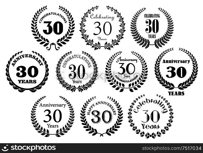 Retro stylized decorative 30th years anniversary laurel wreaths black symbols with greeting text. Great for invitation, festive event and jubilee design usage. Retro 30th years anniversary laurel wreaths