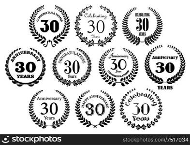 Retro stylized decorative 30th years anniversary laurel wreaths black symbols with greeting text. Great for invitation, festive event and jubilee design usage. Retro 30th years anniversary laurel wreaths