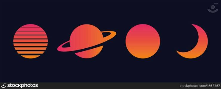 Retro sun set vector planets. Disco design in 80s- 90s style. Space futuristic element. Template design for sci-fi abstract concept.. Retro sun set vector planets. Disco design in 80s- 90s style. Space futuristic element.