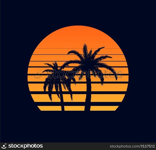 Retro sunset orange. Evening rays setting sun two palm trees against synthwave background of an abstract in strip electronic design in style of 80 fantastic grid of futuristic vector landscape.. Retro sunset orange. Evening rays setting sun two palm trees against synthwave background.