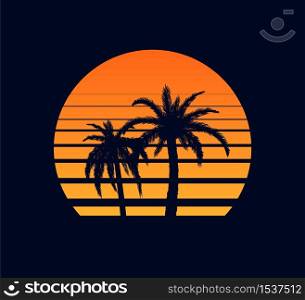 Retro sunset orange. Evening rays setting sun two palm trees against synthwave background of an abstract in strip electronic design in style of 80 fantastic grid of futuristic vector landscape.. Retro sunset orange. Evening rays setting sun two palm trees against synthwave background.