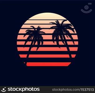 Retro sunset red white. Abstract two palm trees against fantastic electronic background of an setting sun in strip synthwave design in style of 80 musical grid of futuristic vector landscape.. Retro sunset red white. Abstract two palm trees against fantastic electronic background.