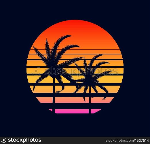 Retro sunset yellow red. Rays evening setting sun two palm trees electronic synthwave against background of an abstract in strip design in style of 80 fantastic grid of futuristic vector landscape.. Retro sunset yellow red. Rays evening setting sun two palm trees electronic synthwave against background.