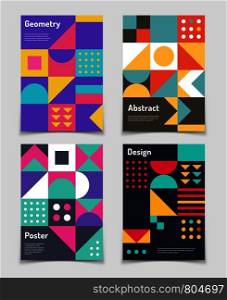 Retro swiss graphic posters with geometric bauhaus shapes. Vector abstract backgrounds in old modernism style. Vintage journal covers. Annual poster colorful shape illustration. Retro swiss graphic posters with geometric bauhaus shapes. Vector abstract backgrounds in old modernism style. Vintage journal covers