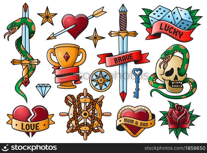 Retro tattooing rose, knife, heart, skull old school symbols. Vintage tattoo engraving elements isolated vector illustration set. Old school art tattoos. Emblem rose and cup, goblet and dice. Retro tattooing rose, knife, heart, skull old school symbols. Vintage tattoo engraving elements isolated vector illustration set. Old school art tattoos