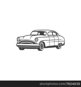 Retro taxi cab, classic hatchback limousine car icon. Vector vintage transport and old time rarity vehicles, motor show automobiles. Vintage car, taxi cab, retro classic vehicle
