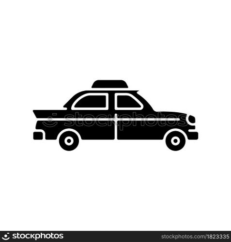 Retro taxi car black glyph icon. Taxicab vehicle. Chauffeur-driven transportation. Checker taxi. Vintage looking car. Classic old model. Silhouette symbol on white space. Vector isolated illustration. Retro taxi car black glyph icon