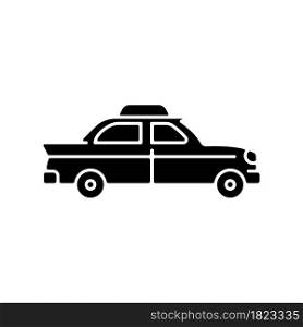 Retro taxi car black glyph icon. Taxicab vehicle. Chauffeur-driven transportation. Checker taxi. Vintage looking car. Classic old model. Silhouette symbol on white space. Vector isolated illustration. Retro taxi car black glyph icon