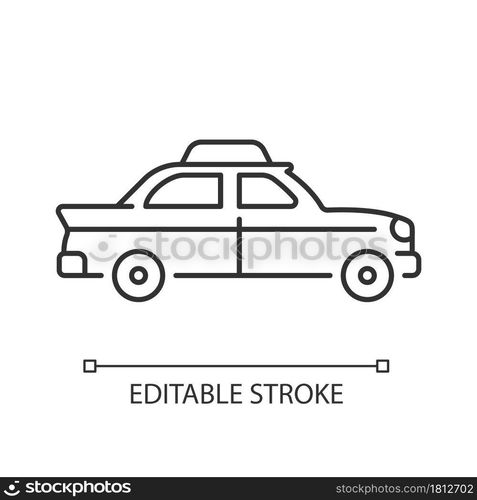 Retro taxi car linear icon. Taxicab vehicle. Chauffeur-driven transportation. Checker taxi. Thin line customizable illustration. Contour symbol. Vector isolated outline drawing. Editable stroke. Retro taxi car linear icon