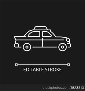 Retro taxi car white linear icon for dark theme. Taxicab vehicle. Chauffeur-driven transportation. Thin line customizable illustration. Isolated vector contour symbol for night mode. Editable stroke. Retro taxi car white linear icon for dark theme