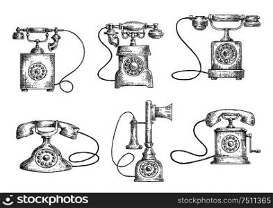 Retro telephones sketches with vintage candlestick and rotary dial phones. Obsolete communication technology objects. Rotary dial and candlestick phones sketches