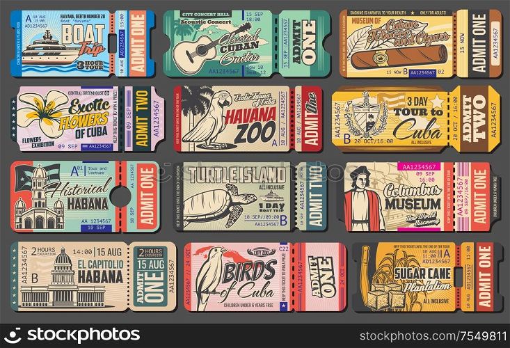 Retro ticket vector templates of Cuba travel design. Cuban tobacco and cigar museum entrance coupon, Havana zoo and guitar concert pass cards, turtle island boat trip invitation design. Tickets of museum, zoo, music concert. Cuba travel