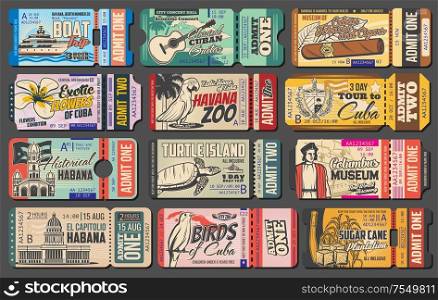 Retro ticket vector templates of Cuba travel design. Cuban tobacco and cigar museum entrance coupon, Havana zoo and guitar concert pass cards, turtle island boat trip invitation design. Tickets of museum, zoo, music concert. Cuba travel